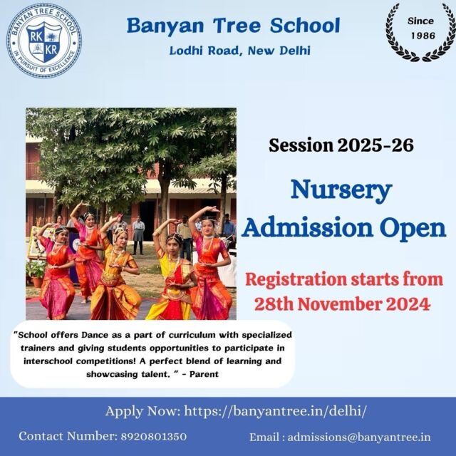 At Banyan Tree School, we are dedicated to nurturing each child’s growth and creativity. Nursery Admissions begin on 28th November 2024 – provide your child with a joyful and enriching start to their educational journey.
🔗 Apply today or find out more: [https://banyantree.in/delhi/]

#NurseryAdmissions #BanyanTreeSchool #EarlyLearning #FutureLeaders #AdmissionsOpen